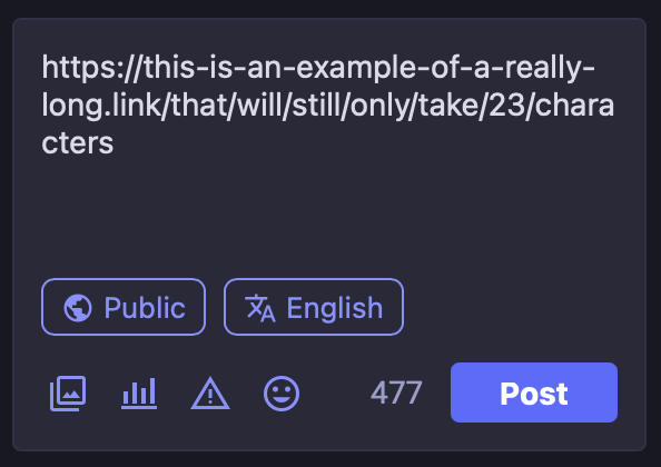 Links must start with http(s):// and are counted as 23 characters regardless of length